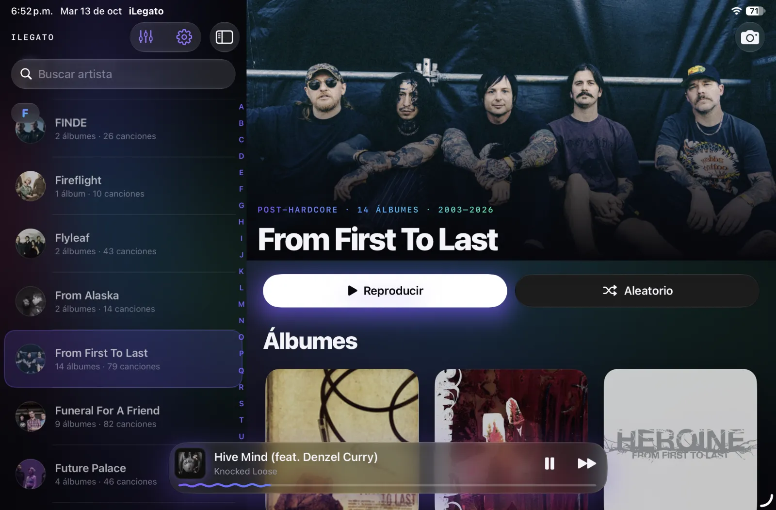 iLegato en iPad con dos paneles: artistas y discografía