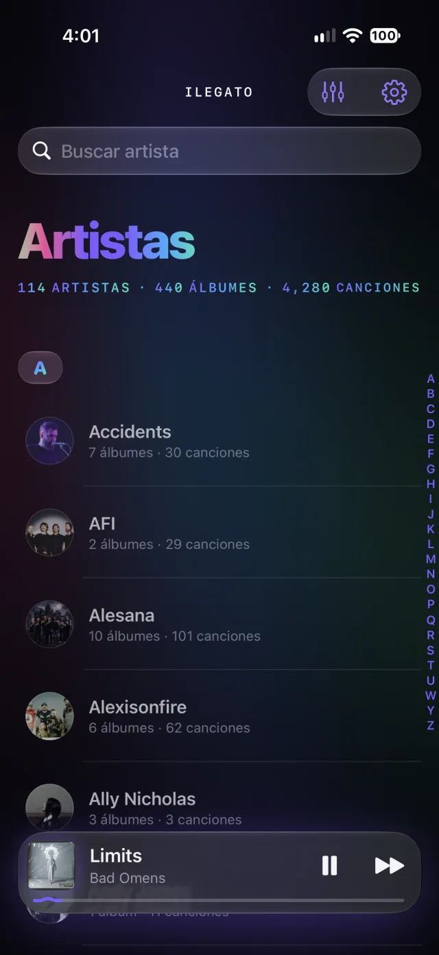 Lista de artistas de iLegato con índice A–Z