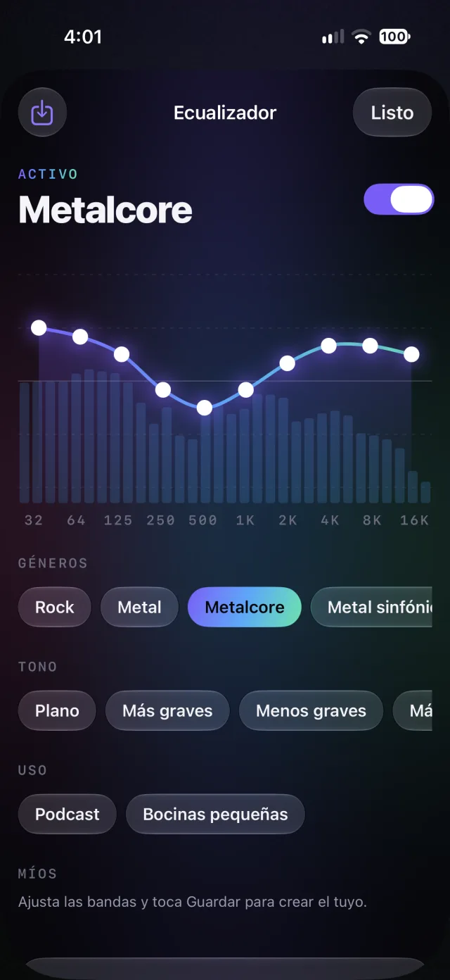 Ecualizador de 10 bandas con el preset Metalcore