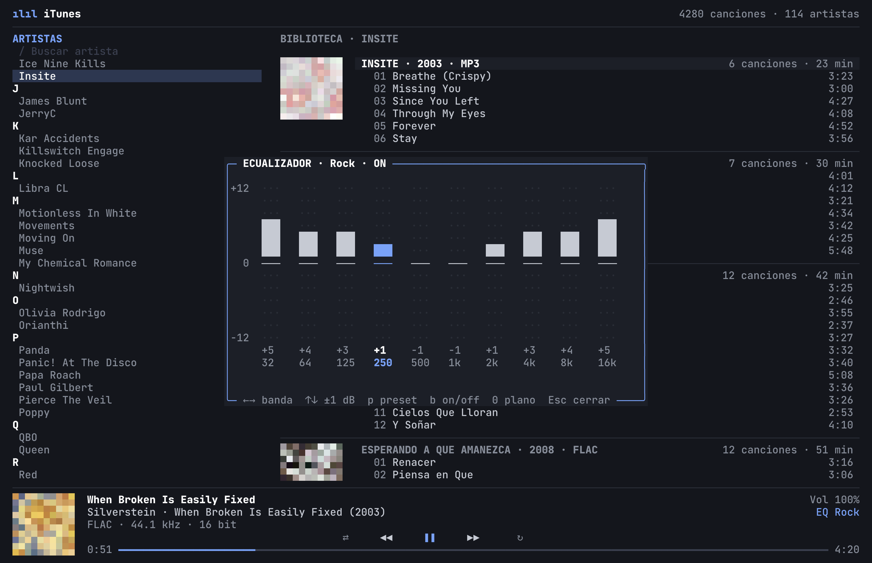 Ecualizador de 10 bandas con el preset Rock