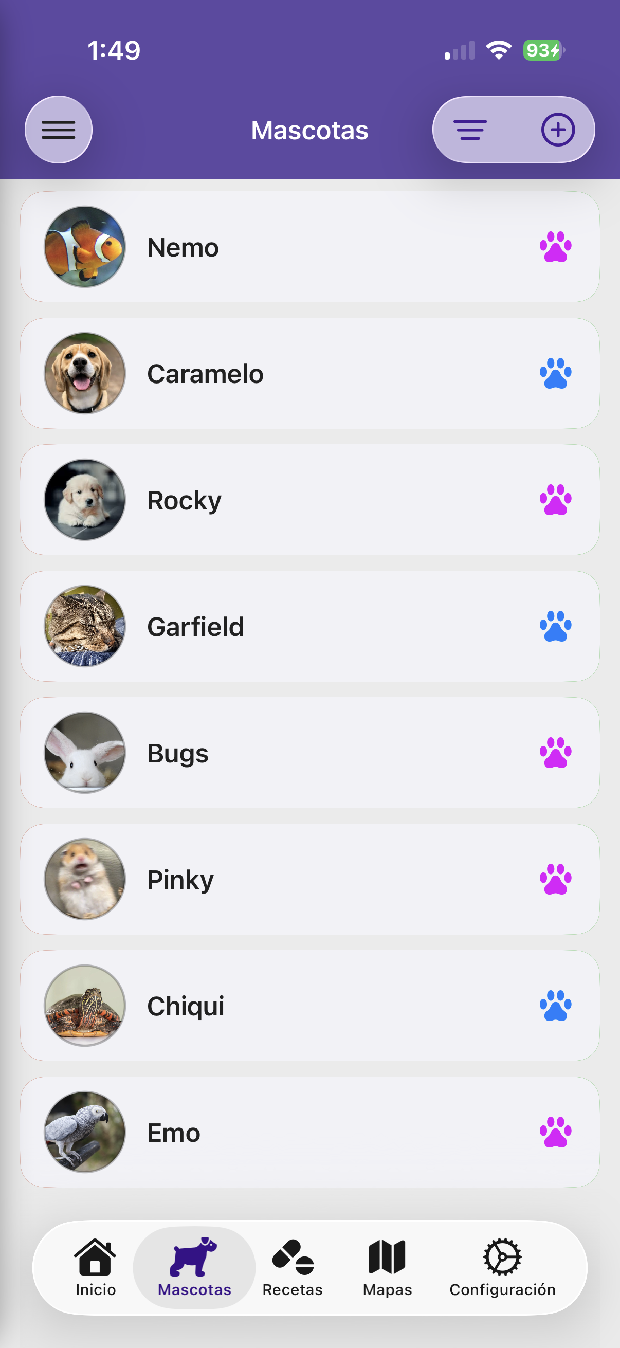 Lista de mascotas